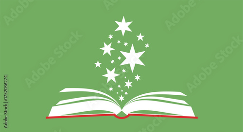 Vector art of an open book with white pages, emitting a cascade of white stars and sparkles against a vibrant green background, symbolizing imagination and knowledge