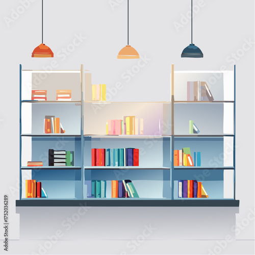 Pixel Art Bookshelf with Colorful Books and Hanging Lamps in Minimalist White Interior Design