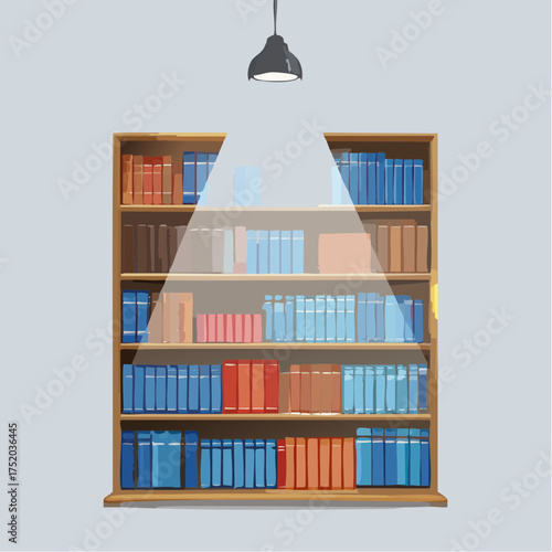 Wooden Bookcase Filled with Various Colorful Books Under a Ceiling Lamp Against a Light Blue Background