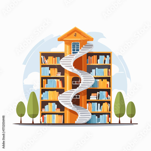 Whimsical Library Tower with Winding Staircase and Lush Green Trees against Cloudy Sky in Flat Design Style