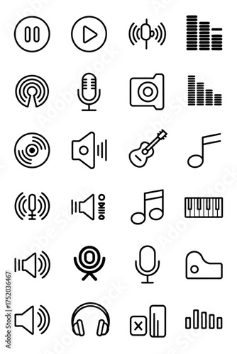 Set of 18 black and white line art icons for music audio and recording applications