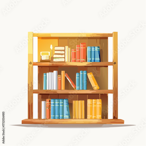 Wooden Bookcase with Colorful Books on White Background Illustration Style