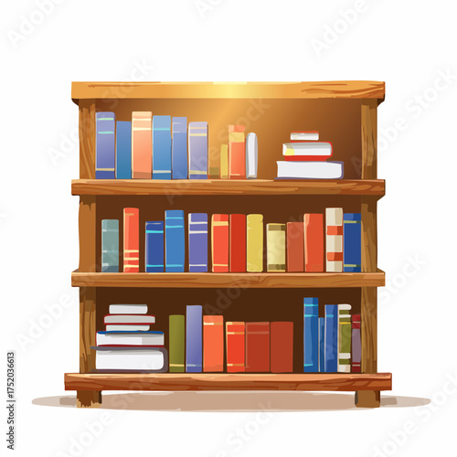 Wooden Bookshelf with Colorful Books Against White Background Displaying Various Sizes and Colors of Books Under Bright Lighting