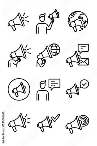 Minimalist black line art icons megaphones people and communication symbols for your designs