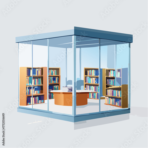 Workspace Illustration With Blue Glass Walls And Light Wood Furniture Bookcase Containing Various Book Tones Office Environment With Computer On Desk Vector