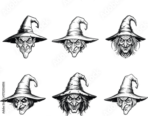 Six scary and ugly witch faces with pointed hats for halloween and spooky designs
