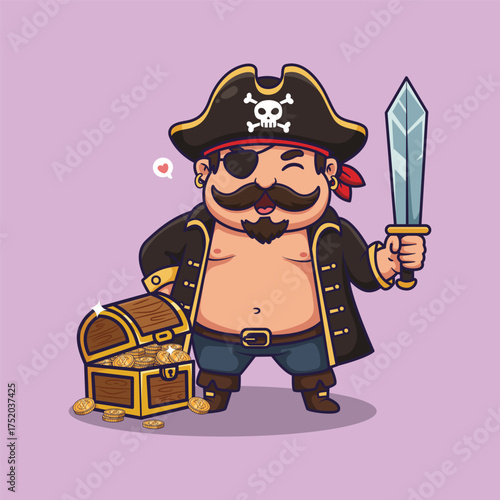 Cute Cartoon Pirate with Gold Treasure Chest and Sword . Vector Illustration of Whimsical Adventure Character