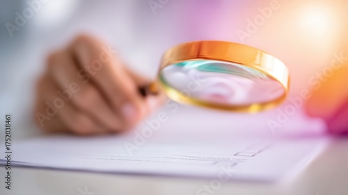 A person examines a document closely using a magnifying glass in a well-lit office environment, focusing on specific details.