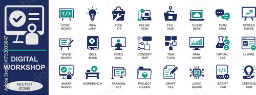 Vector solid digital workshop icon set with code, design, team, project, file, task, and data symbols. Perfect for apps, e-learning, business, remote work, and training.
