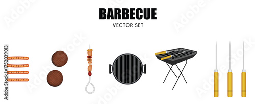 Barbecue grill set with cooking equipment, skewers and sausage isolated illustration