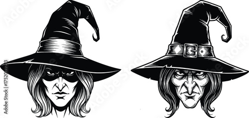 Two hand drawn witch portraits with pointed hats and eerie faces for halloween and fantasy art