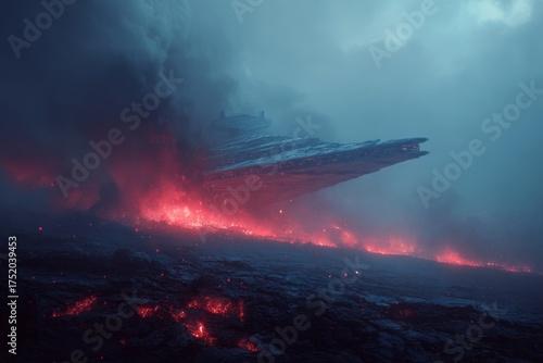 Fototapeta Naklejka Na Ścianę i Meble -  A dramatic scene of a Star Destroyer ship crashing on a volcanic planet with bright red lava flows, against a dark and cloudy sky, science fiction concept.