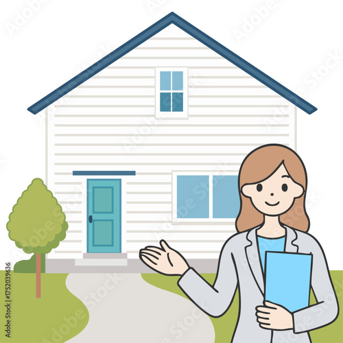 Vector illustration of a real estate saleswoman introducing a house and a white house　不動産女性営業マンが家と白い家を紹介するベクターイラスト