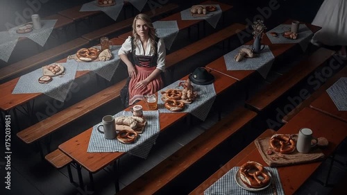 Woman in Traditional Bavarian Dirndl Dress Standing Amidst Empty Oktoberfest Tables.