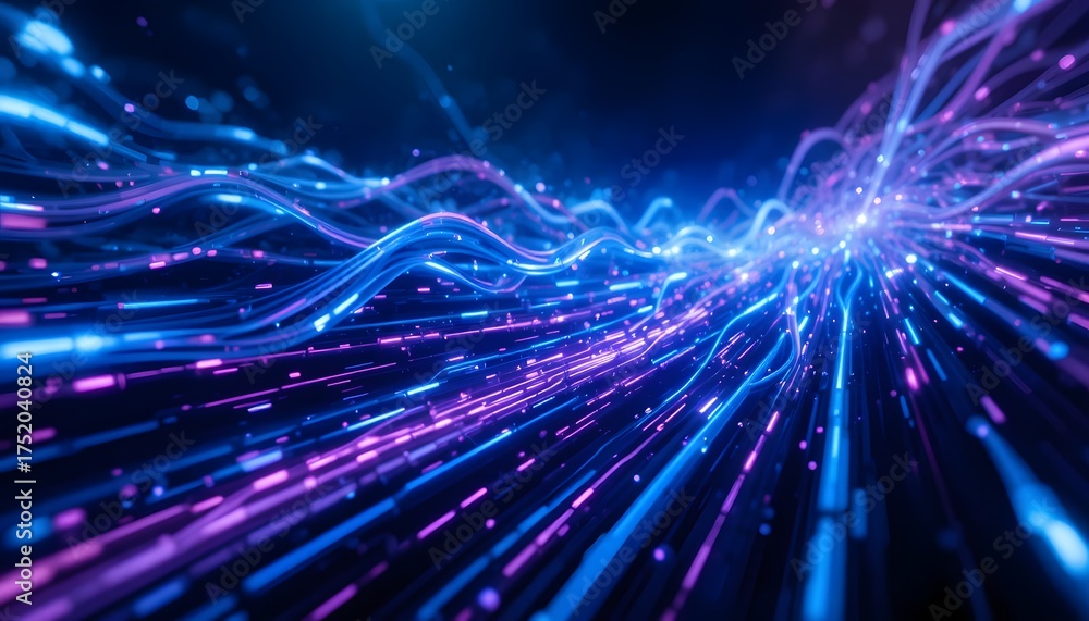 Fototapeta premium Glowing Fiber Optic Lines in Blue and Purple