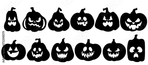 Large flat vector collection of jack lantern pumpkins with happy, angry, sad, and scary faces in black silhouette style. Perfect for Halloween decorations and design projects.