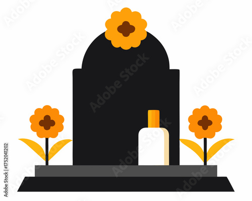 Cemetery Night Scene Vector, Tombstone with Marigold Flowers and Candles for Día de los Muertos isolated on white background