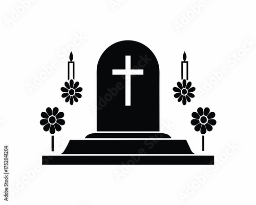 Cemetery Night Scene Vector, Tombstone with Marigold Flowers and Candles for Día de los Muertos isolated on white background