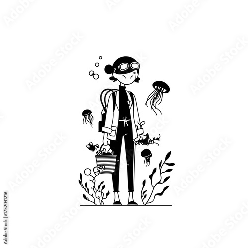 Marine Biologist. Marine Biologist simple black and white line art vector logo