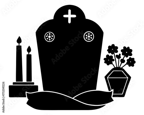 Cemetery Night Scene Vector, Tombstone with Marigold Flowers and Candles for Día de los Muertos isolated on white background