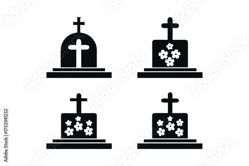 Cemetery Night Scene Vector, Tombstone with Marigold Flowers and Candles for Día de los Muertos isolated on white background