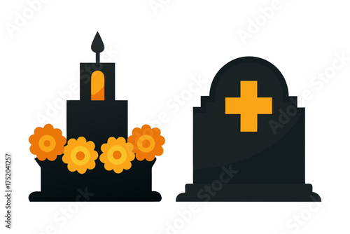 Cemetery Night Scene Vector, Tombstone with Marigold Flowers and Candles for Día de los Muertos isolated on white background