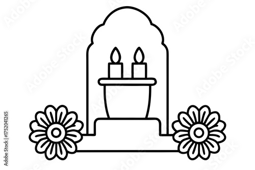 Cemetery Night Scene Vector, Tombstone with Marigold Flowers and Candles for Día de los Muertos isolated on white background