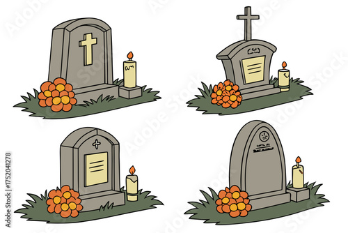Cemetery Night Scene Vector, Tombstone with Marigold Flowers and Candles for Día de los Muertos isolated on white background