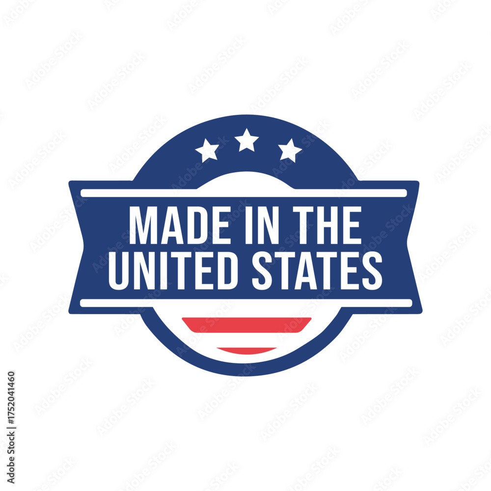 Obraz premium Made in the United States badge with stars and flag. American made label United States patriotic emblem. USA manufacturing badge design with stars and stripes.