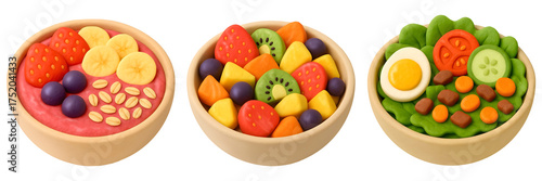 3D icon bowls of healthy food, a smoothie bowl with fruits and oats, a fruit salad, and a vegetable salad with egg. 3D salad bowl transparent set