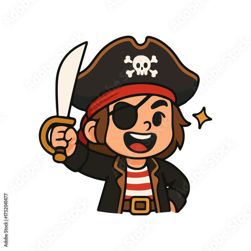 Pirate character illustration. Cute pirate mascot design. Cartoon pirate man holding sword.