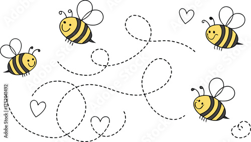 Set of cartoon  bees flying with dashed line trails. A small bees flying on a dotted route. Wasp collection. Vector characters. Incest icon. Template design for invitation, cards. Doodle style