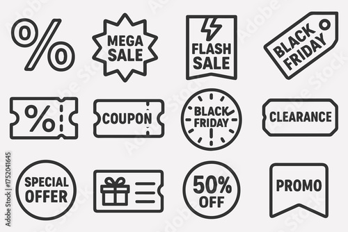 Retail Signage Icons. Flat icon set of store signage: open sign, sale sign, discount tag, new arrival