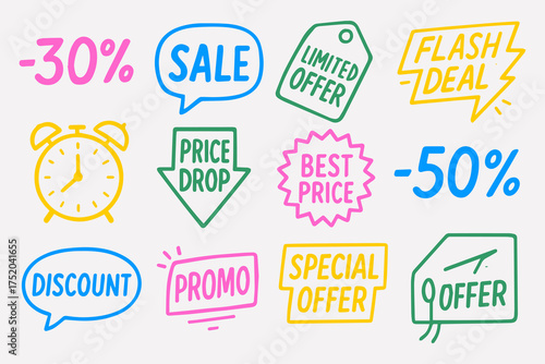 Retail Signage Icons. Flat icon set of store signage: open sign, sale sign, discount tag, new arrival