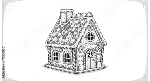 Detailed gingerbread Christmas house decoration engraving sketch hand drawn style black and white vintage illustration vector