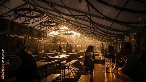 People enjoying drinks and food inside a lively beer tent.
