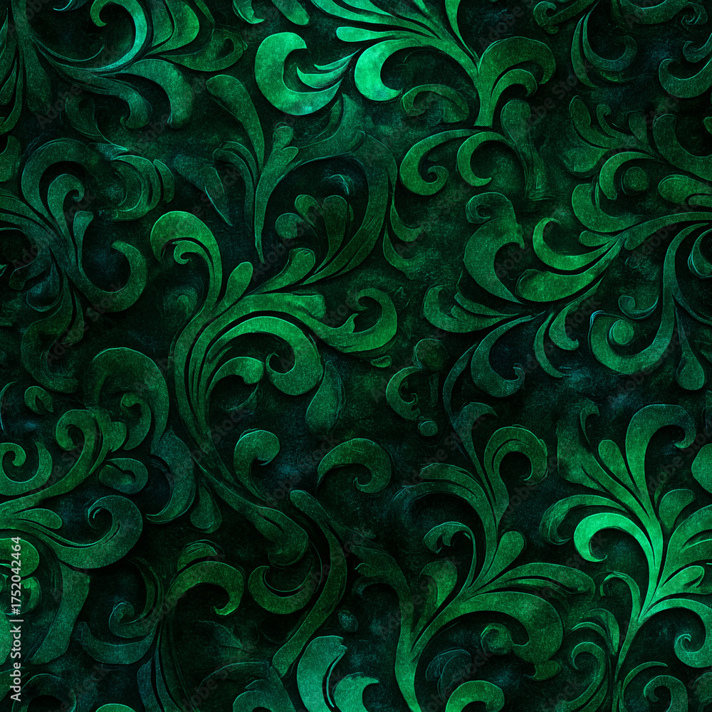 Fototapeta premium Collection of Luxurious Emerald Green Velvet Textures: Seamless Scroll Pattern, Quilted Upholstery, and Draped Fabric Backgrounds