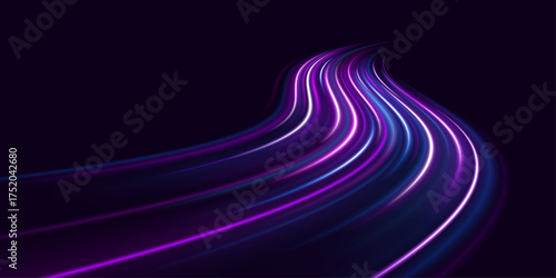 Neon expressway with glowing streaks, vibrant curves, and shimmering waves of light.