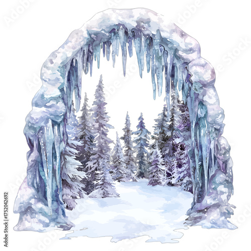 Watercolor Magical Ice Archway Leading to a Snowy Forest
