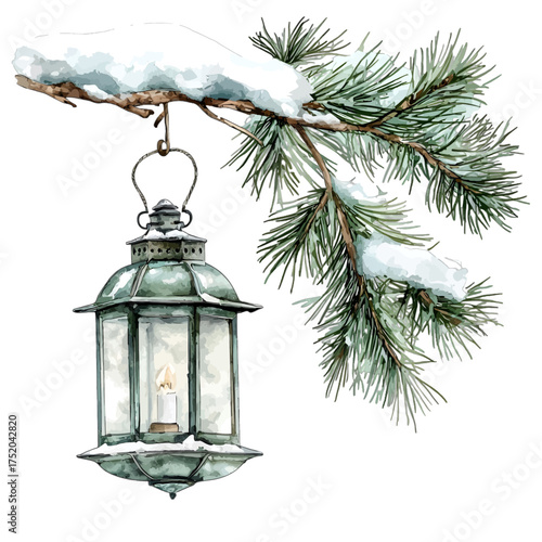 Watercolor Vintage Winter Lantern with a Snowy Pine Branch
