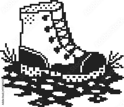 Pixel art boot stepping in puddle retro black and white footwear splash, rugged sole outdoor walking icon