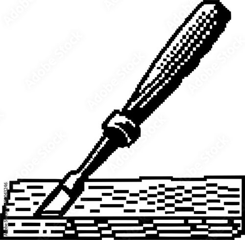 Woodworking chisel tool carving on textured plank, vintage pixel art style, handcraft detail, retro black and white illustration