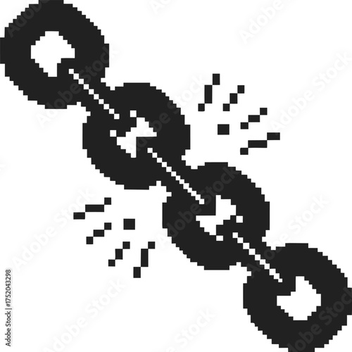 Pixel art broken chain with fragmented links and dynamic motion lines symbol of breaking free, liberation, digital escape