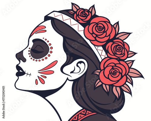 Catrina Makeup Woman Portrait Vector, Painted Face Skeleton Girl with Roses, Mexican Culture Art isolated on white background