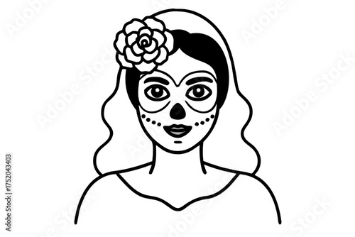 Catrina Makeup Woman Portrait Vector, Painted Face Skeleton Girl with Roses, Mexican Culture Art 