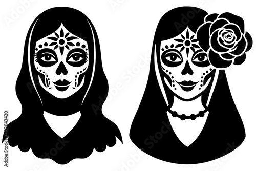 Catrina Makeup Woman Portrait Vector, Painted Face Skeleton Girl with Roses, Mexican Culture Art 