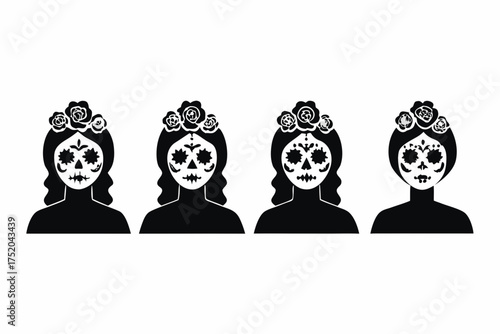 Catrina Makeup Woman Portrait Vector, Painted Face Skeleton Girl with Roses, Mexican Culture Art isolated on white background