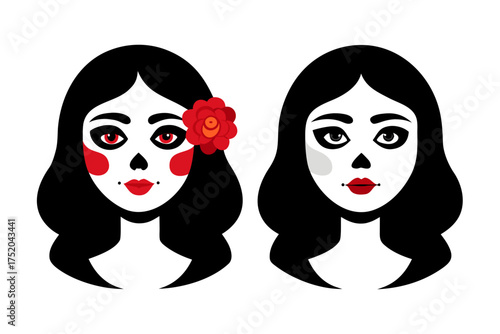 Catrina Makeup Woman Portrait Vector, Painted Face Skeleton Girl with Roses, Mexican Culture Art 