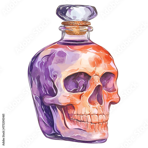 Watercolor Skull Potion Bottle with Purple and Orange Liquid
