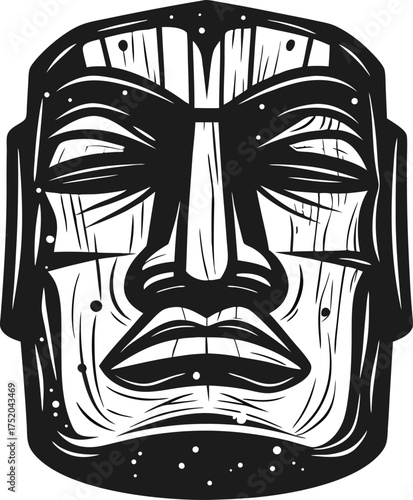 Abstract wooden mask face illustration tribal cultural art, carved expression, vintage monochrome graphic, traditional design